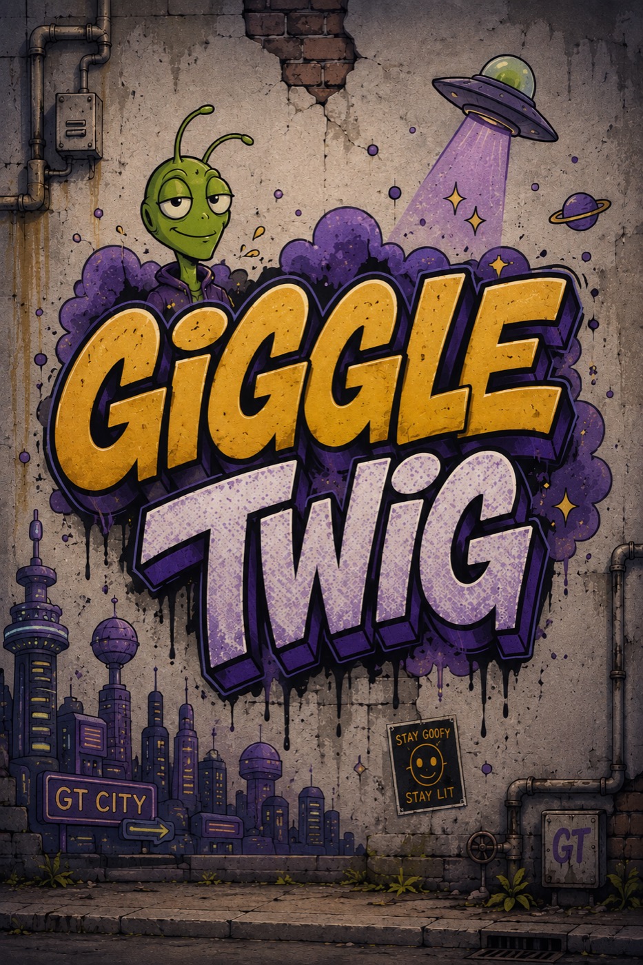 Giggle Twig graffiti mural on a concrete wall — gold and lilac lettering, Twiggy peeking out, a UFO and the GT City skyline